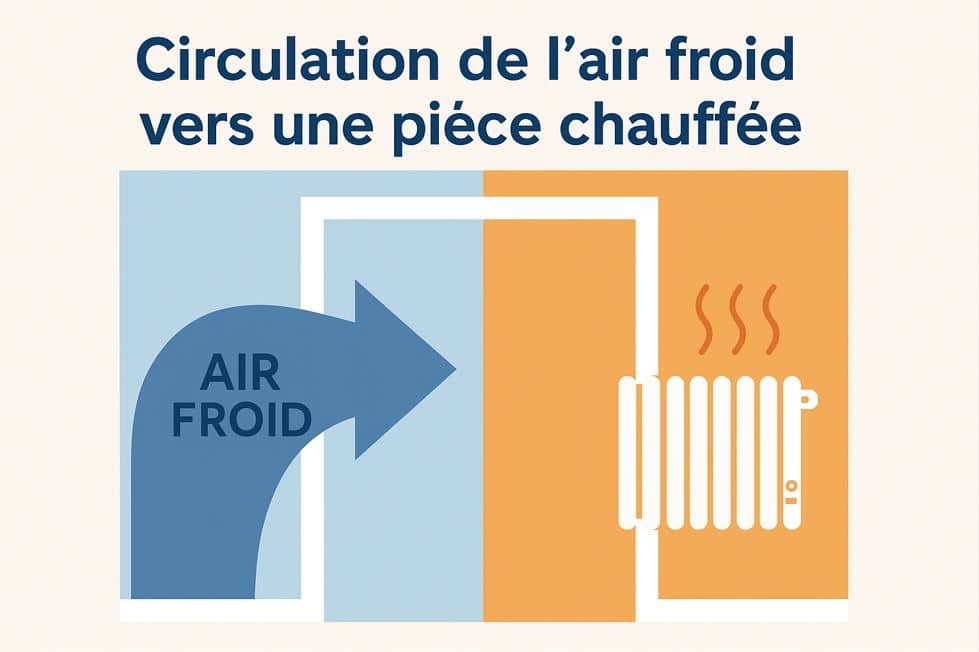 Schéma montrant l'air froid circulant vers une pièce chauffée