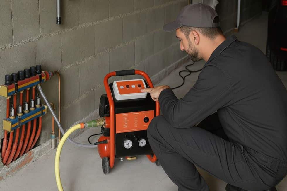 image représentant un technicien qui réalise un désembouage d'un collecteur de plancher chauffant