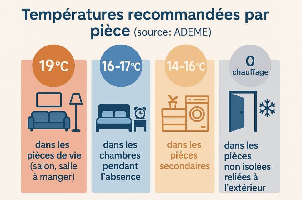 infographie présentant différentes températures de chauffe recommandées en fonction des pièces d'un logement