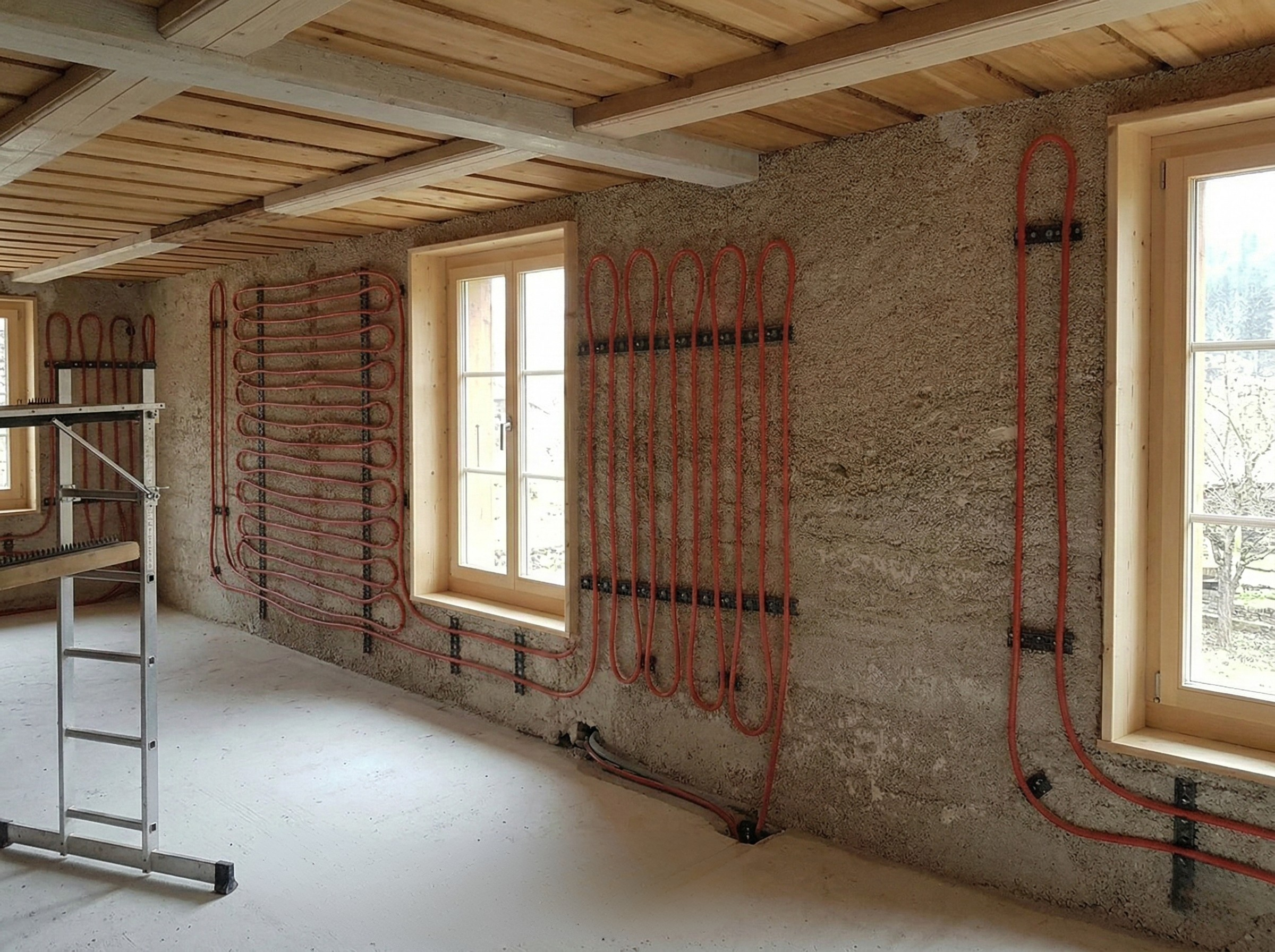 circuit de mur chauffant en cours d'installation dans une maison en construction