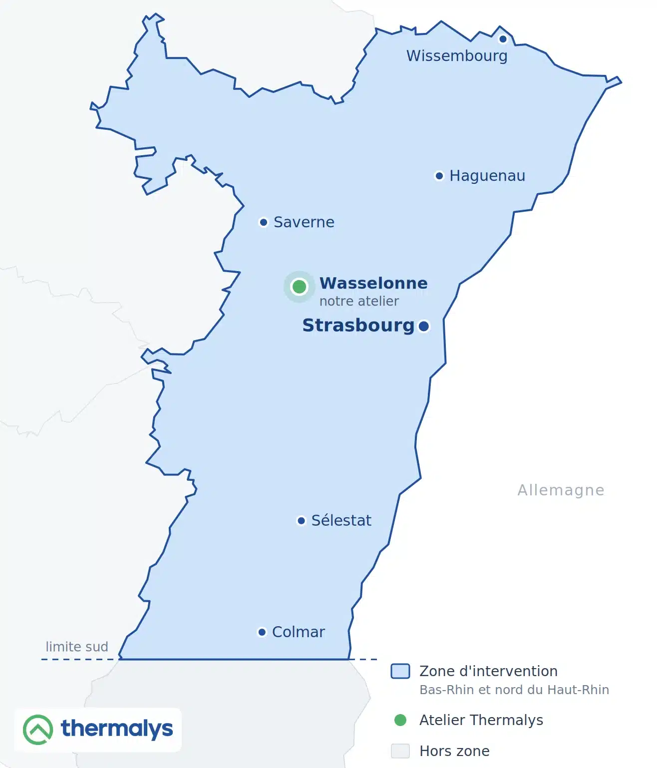 Carte de la zone d'intervention de Thermalys : Bas-Rhin et nord du Haut-Rhin jusqu'à Colmar, depuis l'atelier de Wasselonne